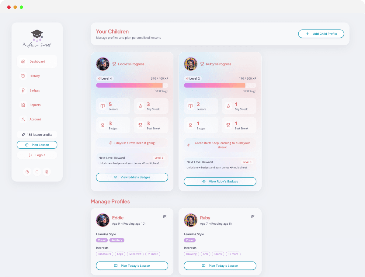 Professor Sweet lesson planner dashboard